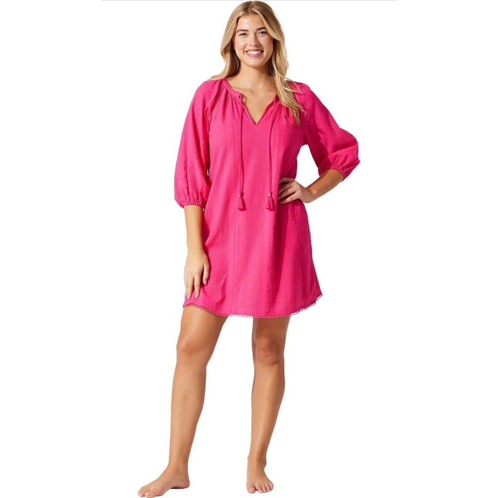 Tommy Bahama Variegated Seersucker Dress Passion Pink Cotton Tassel Womens Small
